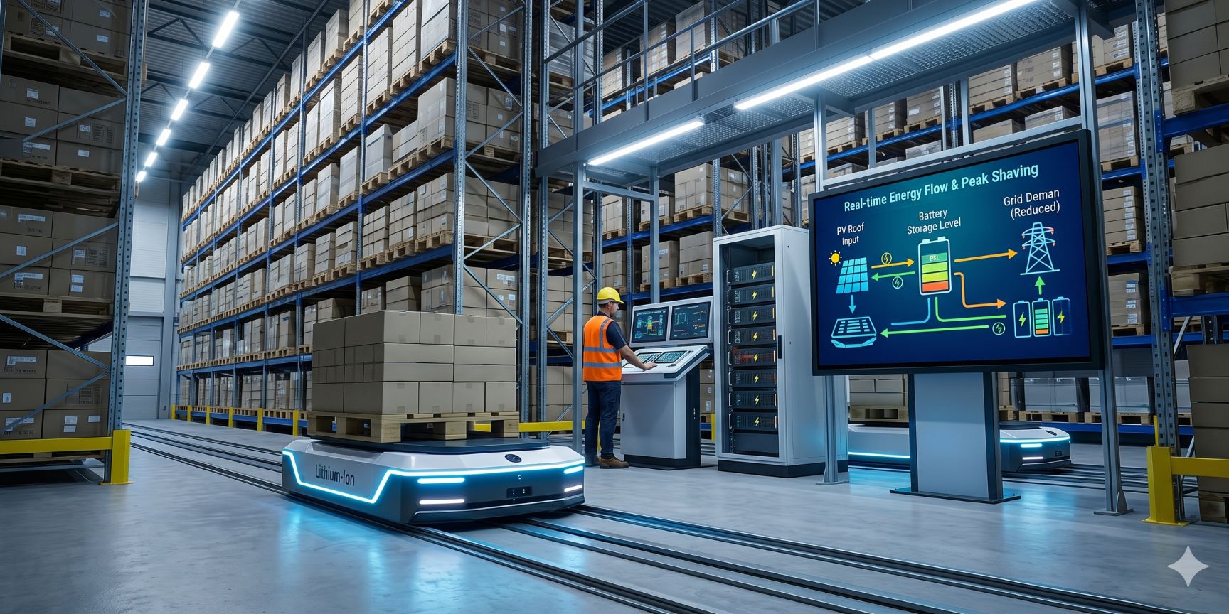 Interior view of high-bay warehouse: Li-ion AGV transports pallets. Monitor shows graphic on energy management: PV electricity charges batteries and reduces load peaks.